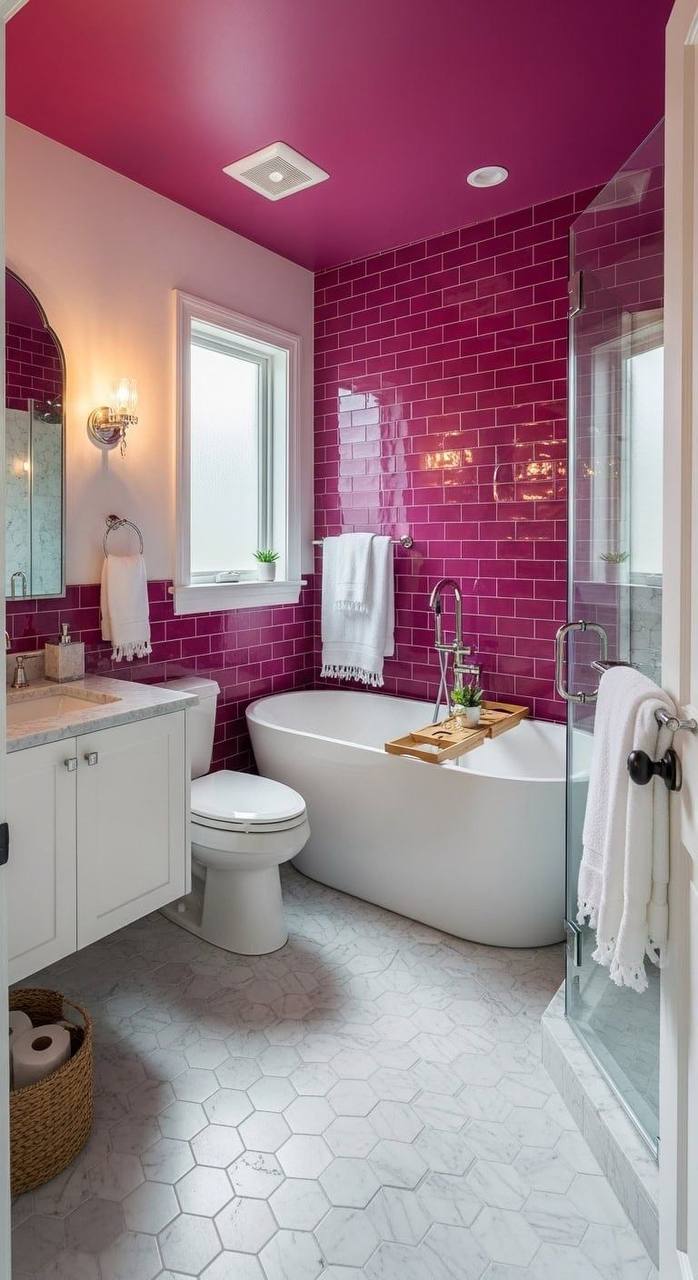 Bold magenta subway tile bathroom with freestanding tub