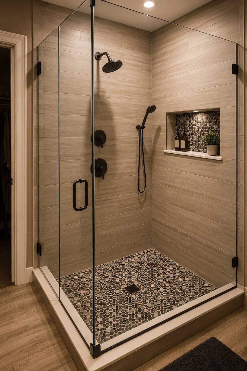 Tile shower with pebble mosaic floor