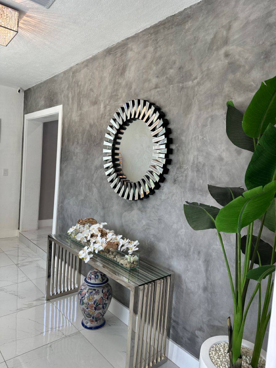 Entryway with new tile flooring and console table